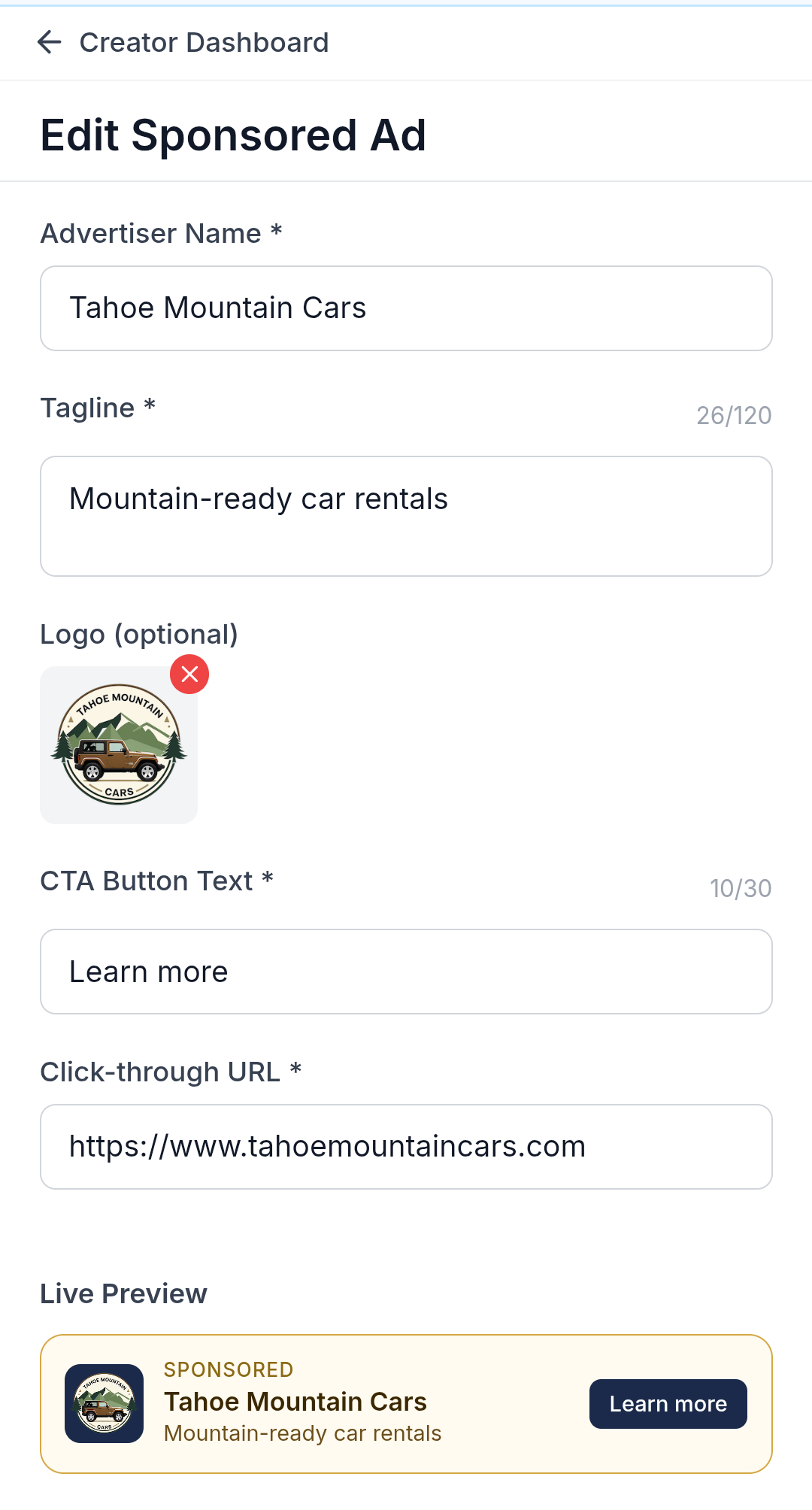 Create Sponsored Ad form